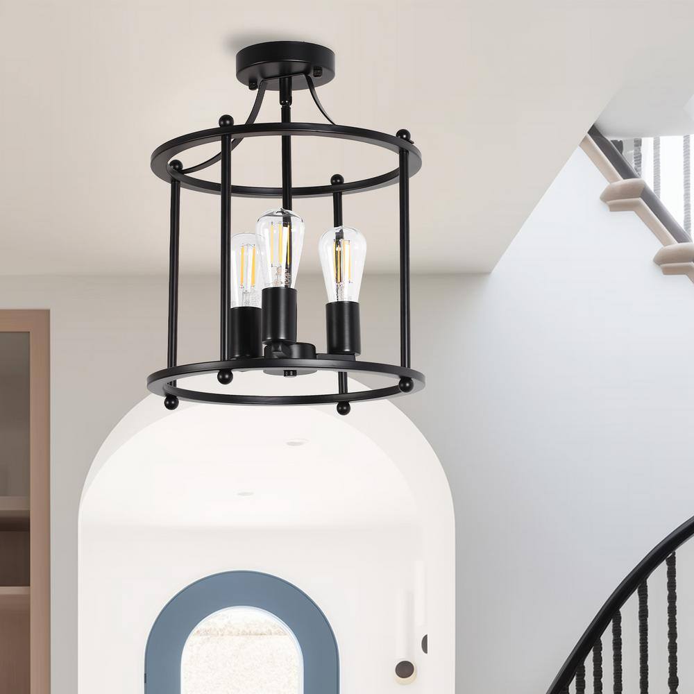 3-Light Black Farmhouse Semi Flush Mount Ceiling Light Fixture, Vintage Ceiling Mount for Dining Room Hallway Entryway - Hercitys