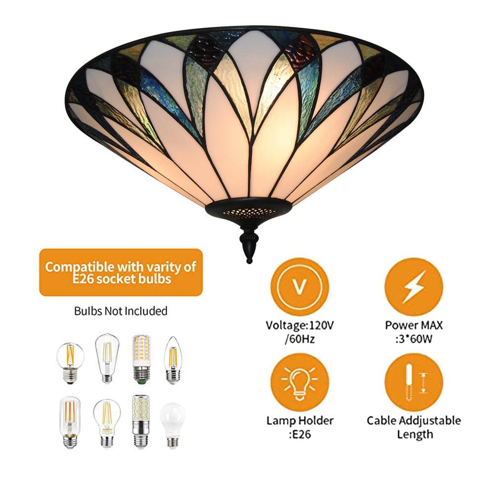 18 in. 3-Light Retro Elegant Stained Glass Flush Mount Ceiling Light - Hercitys