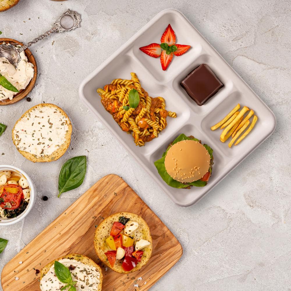 10.5 in. Unbleached Compostable Disposable Paper 5-Section Plate [125/Pack, 8-Packs/Carton] - Hercitys