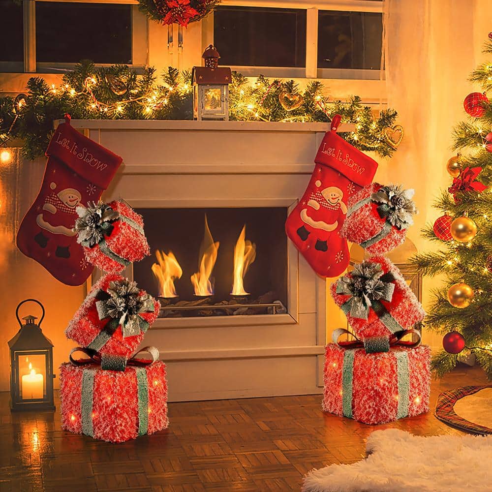 31.89 in. H Red Frosted Gift Boxes with Battery Operated Christmas Lights - Hercitys