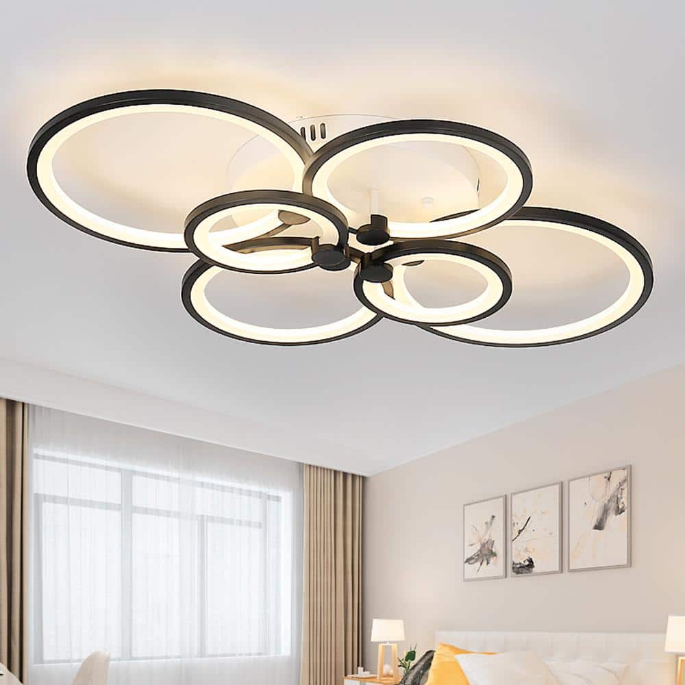 32.7 in. 6 Head Black Modern Acrylic Selectable LED Semi-Flush Mount Ceiling Light with Remote Control - Hercitys