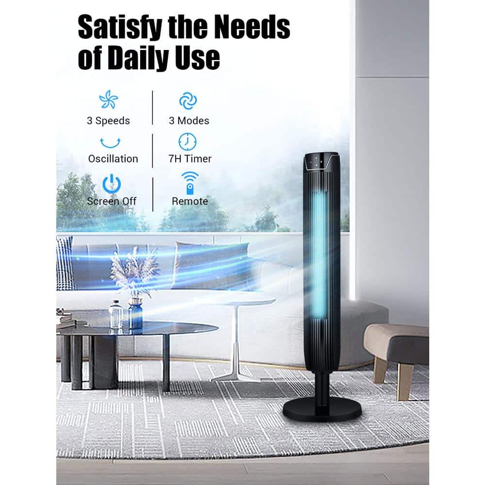 12.8 in. Tower Fan 3 Speed Modes Oscillating Cooling Fans with Remote, Built- in 7Hrs Timer and LED Display in Black - Hercitys