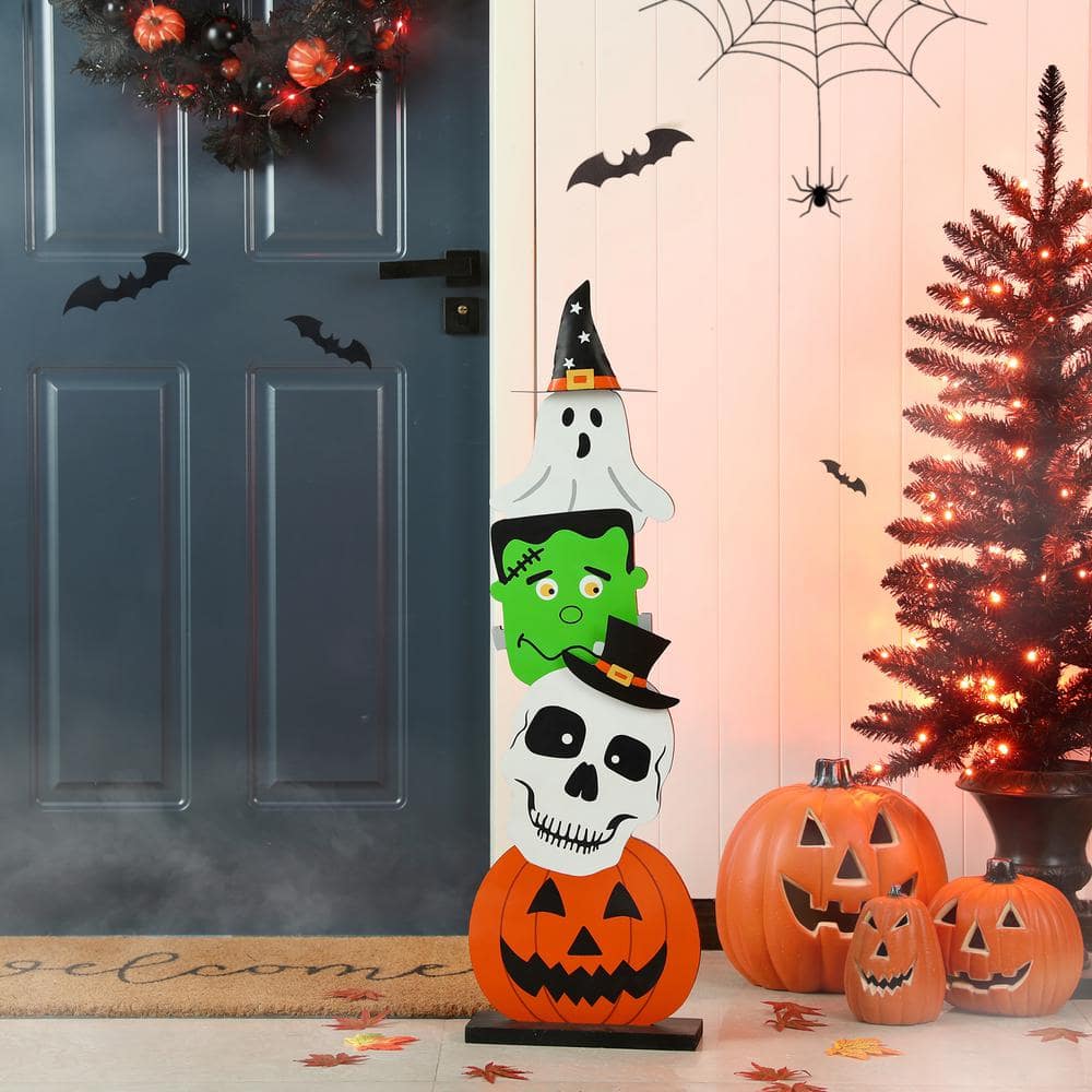 36 in. H Halloween Wooden Stacked Ghost and Frankenstein and Skull and Pumpkin Porch Decor - Hercitys