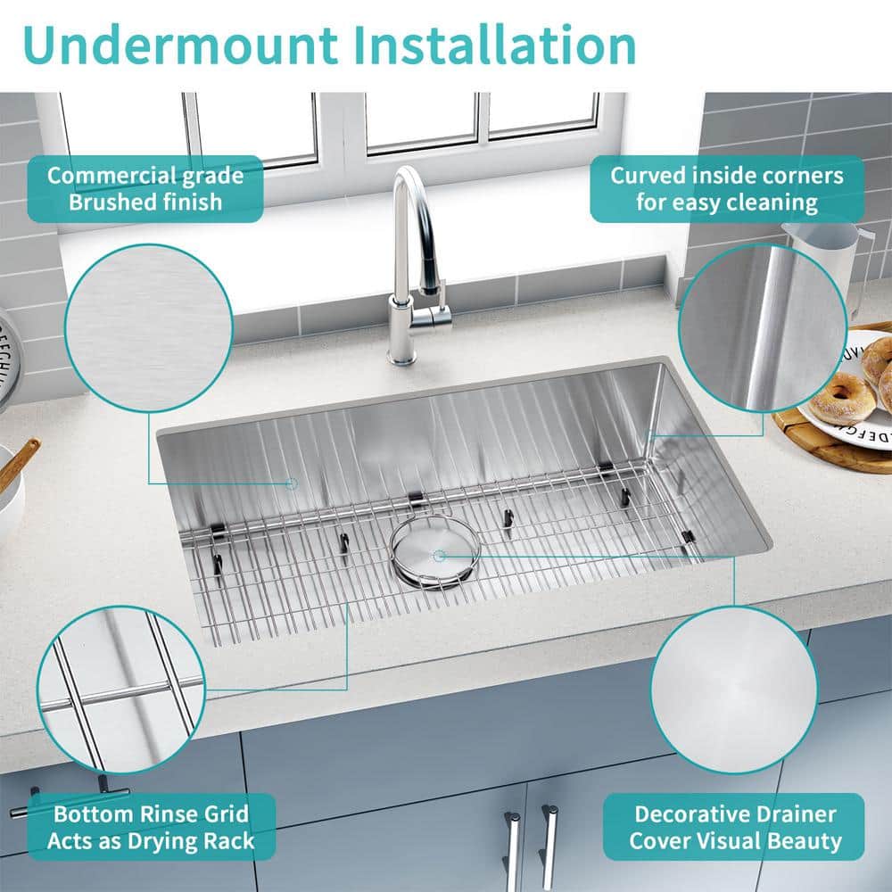 32 in Undermount Single Bowl 18 -Gauge Stainless Steel Kitchen Sink with Bottom Grids - Hercitys