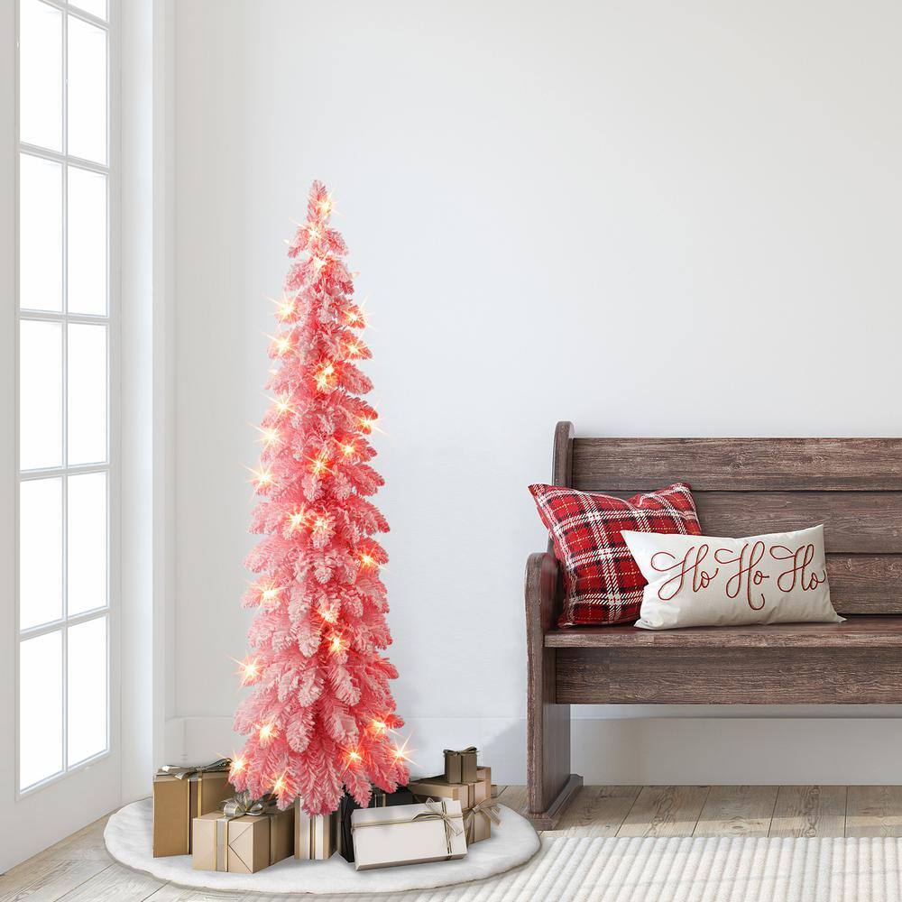 4 ft. Prelit Pink Flocked Alpine Pencil Artificial Christmas Tree with 50 UL Clear Incandescent Lights - Hercitys