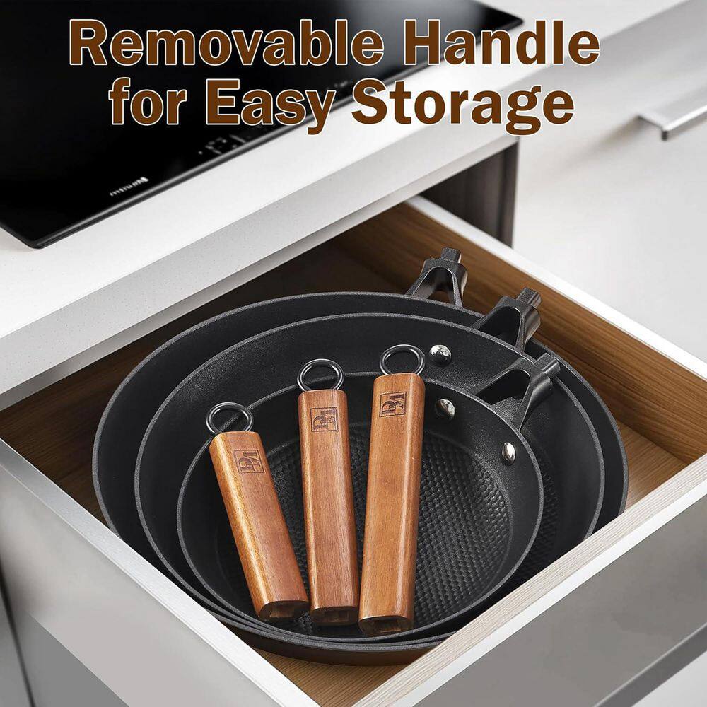 12 in. Cast Iron Nonstick Frying Pan Skillet with Detachable Acacia Wooden Handle, Honeycomb Non Stick Omelet Egg Pan - Hercitys
