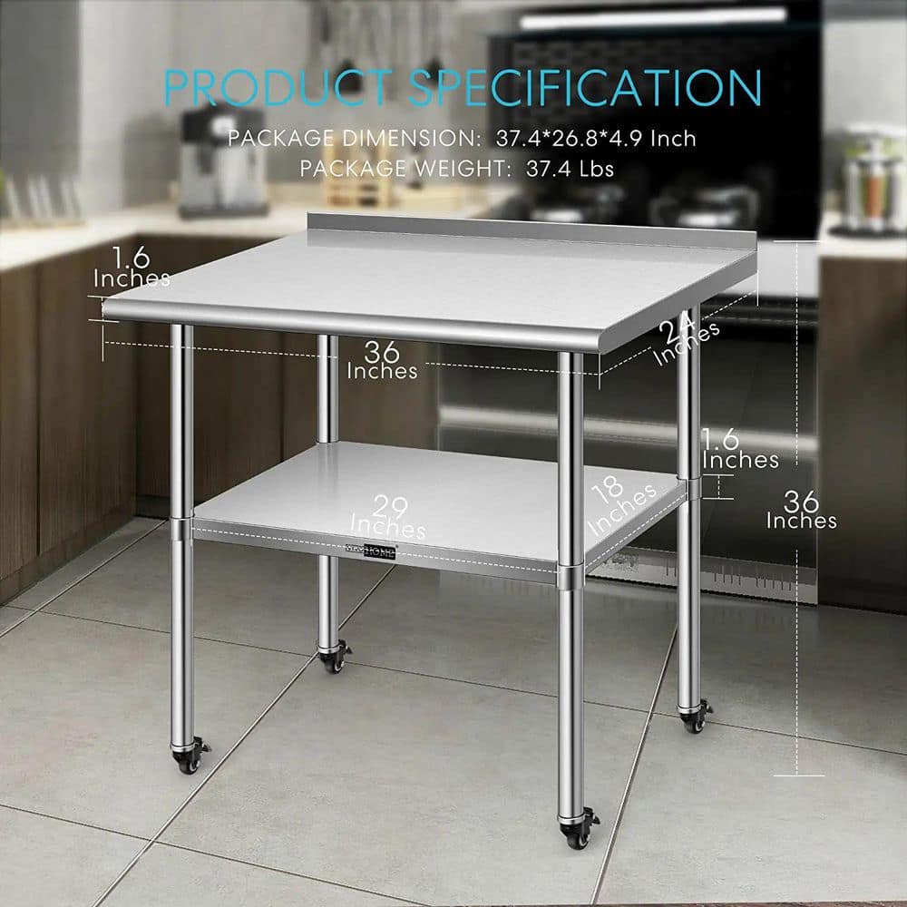 24 x 36 in. Stainless Steel Kitchen Utility Table with Backsplash and Wheels - Hercitys