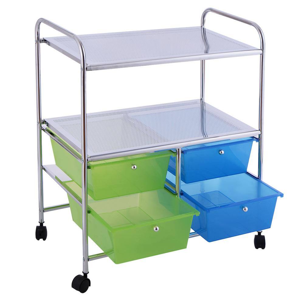 3-Tier Metal 4-Wheeled Rolling Storage Cart Rack Shelf with 4 Drawers in Blue and Green - Hercitys