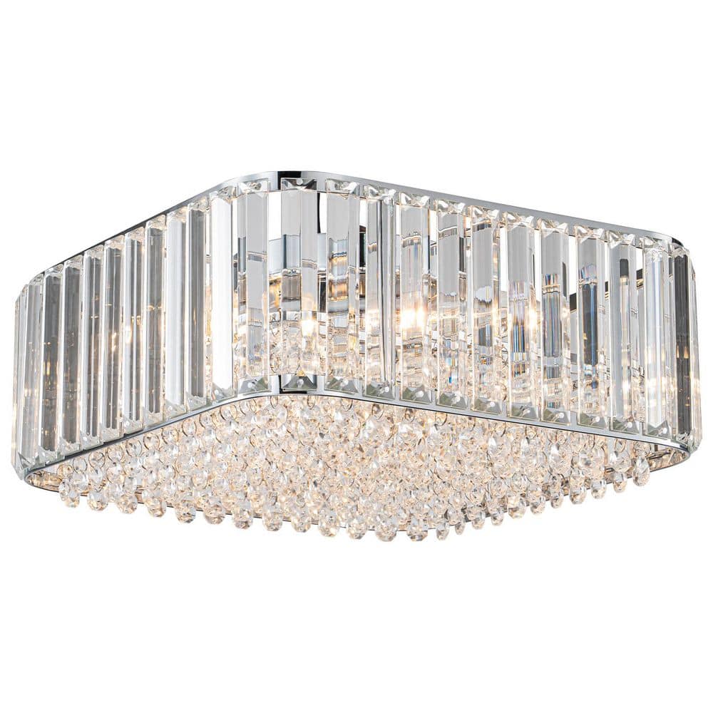13.38 in. 4-Light Modern Transitional Chrome Square Flush Mount Ceiling Light with Crystal Shade for Living Room - Hercitys