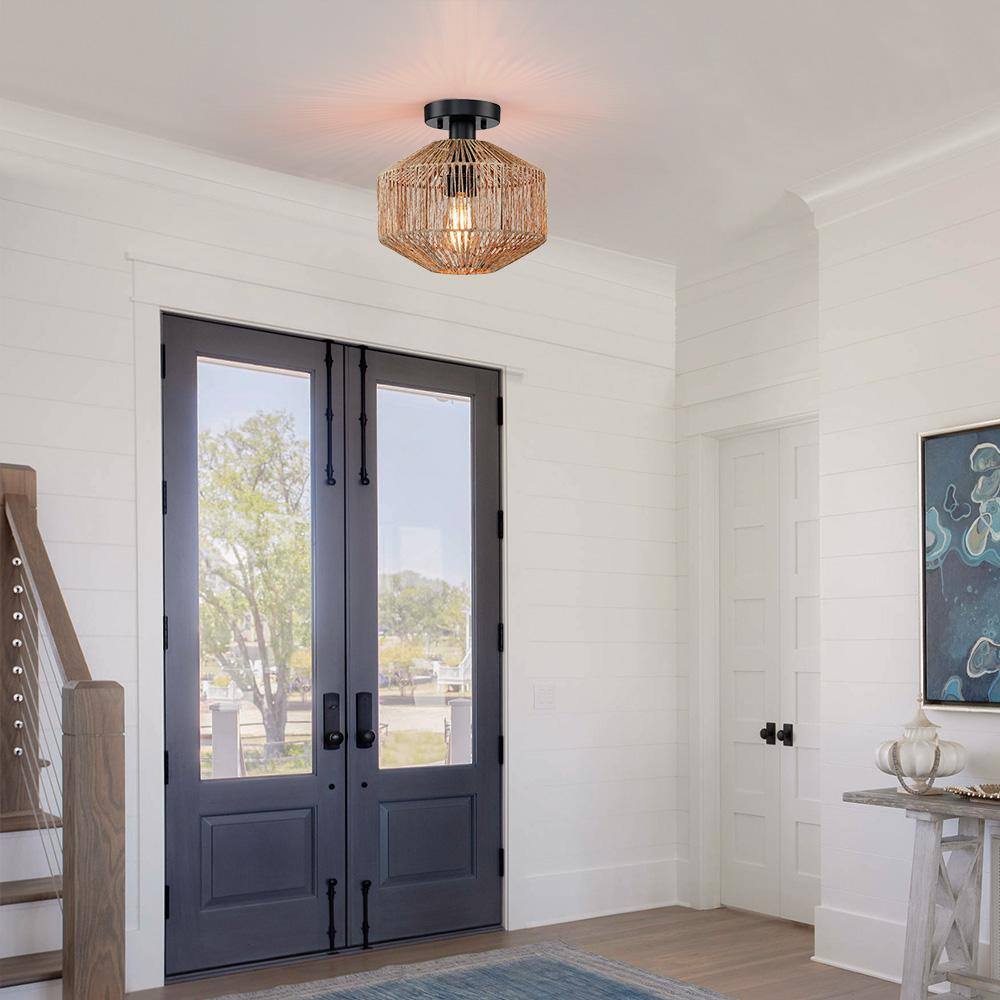 10.2 in. 1-Light Bohemian Natural Jute Rope Semi-Flush Mount Ceiling Light with Black Hardware - Hercitys