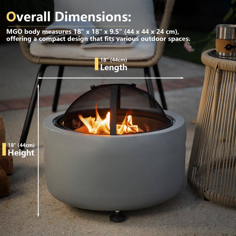 18 in. x 18 in. Round MGO Charcoal Wood Burning Fire Pit Kit with Spark Screen Lid, Poker and Grate - Hercitys