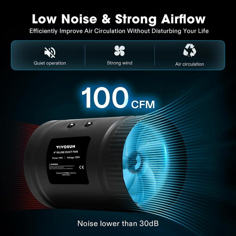 100 CFM 4 in. Inline Booster Duct Fan with Low Noise in Black - Hercitys