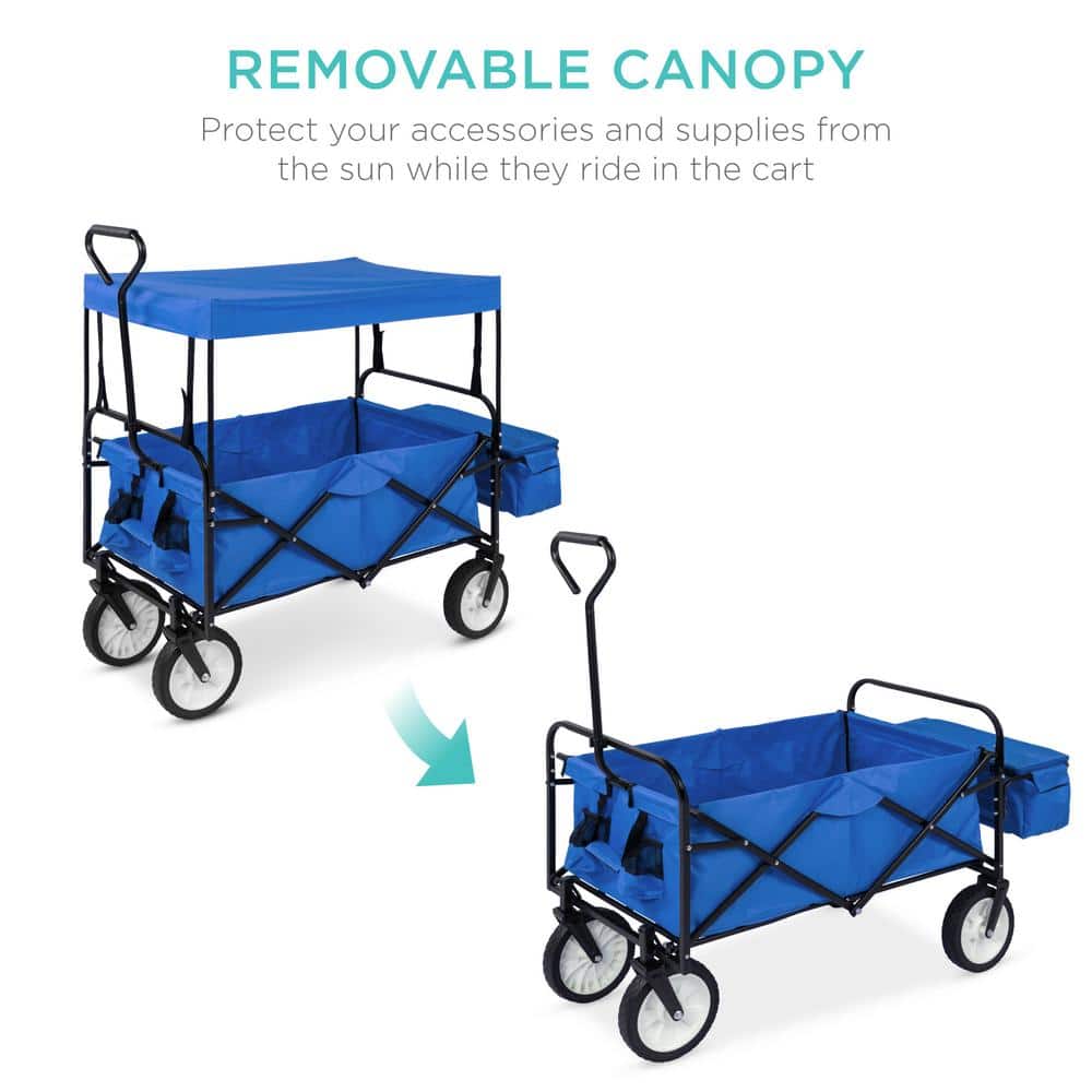24 in. x 39 in. Utility Cargo Wagon Foldable Cart w/Removable Canopy, Cup Holders in Blue - Hercitys
