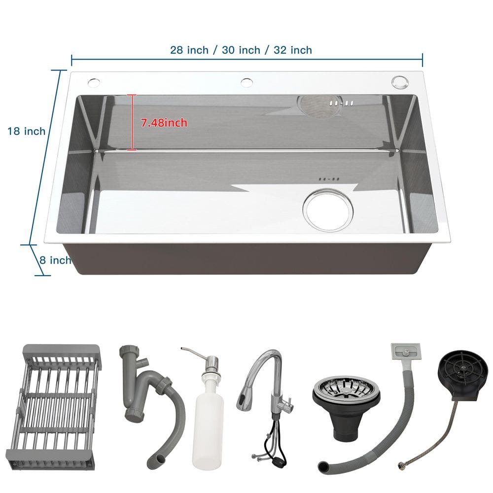 32 in. Drop-In/Undermount Single Bowl Sliver Stainless Steel Kitchen Sink with Faucet - Hercitys