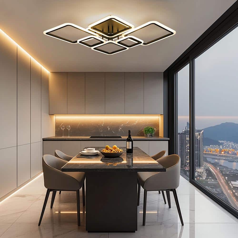 40.2 in. 7-Light Black and White Modern Geometric Selectable LED Semi-Flush Mount Ceiling Light with Remote - Hercitys