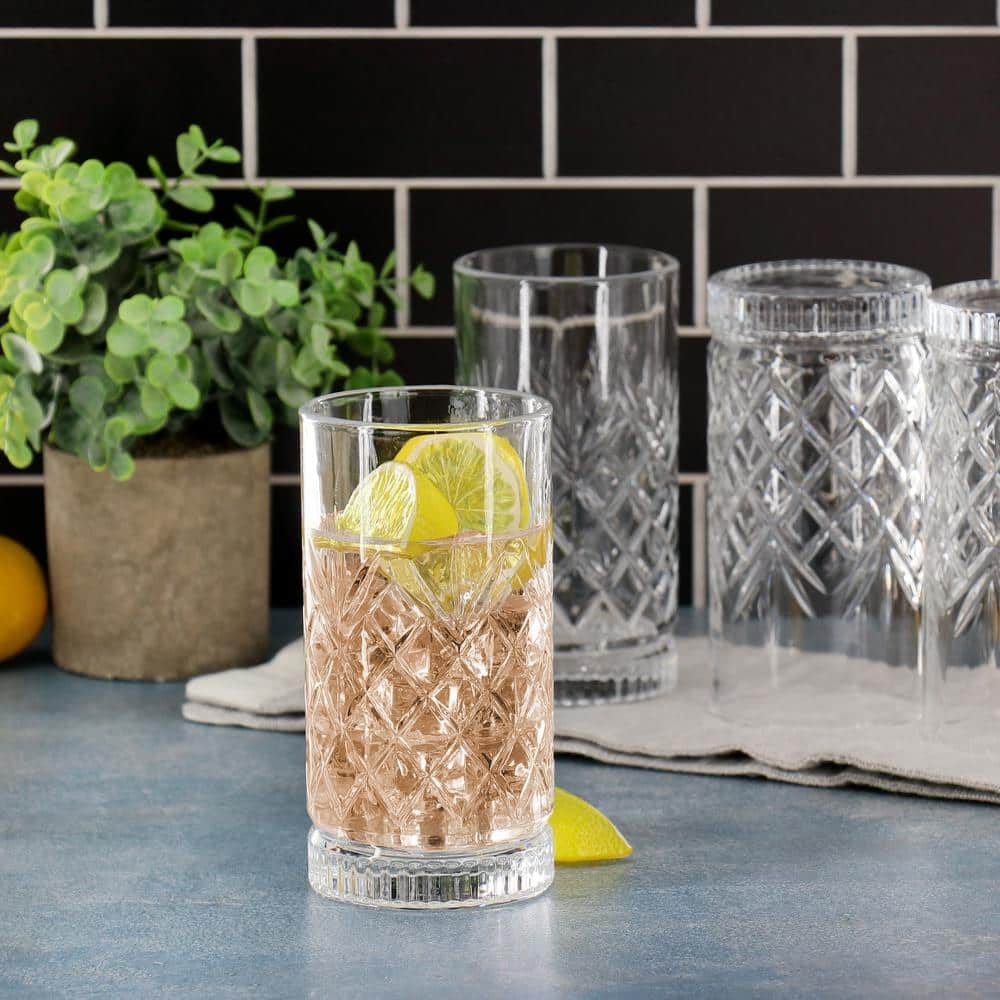 4 Piece 16 Ounce Diamond Embossed Glass Tumbler Set - Hercitys