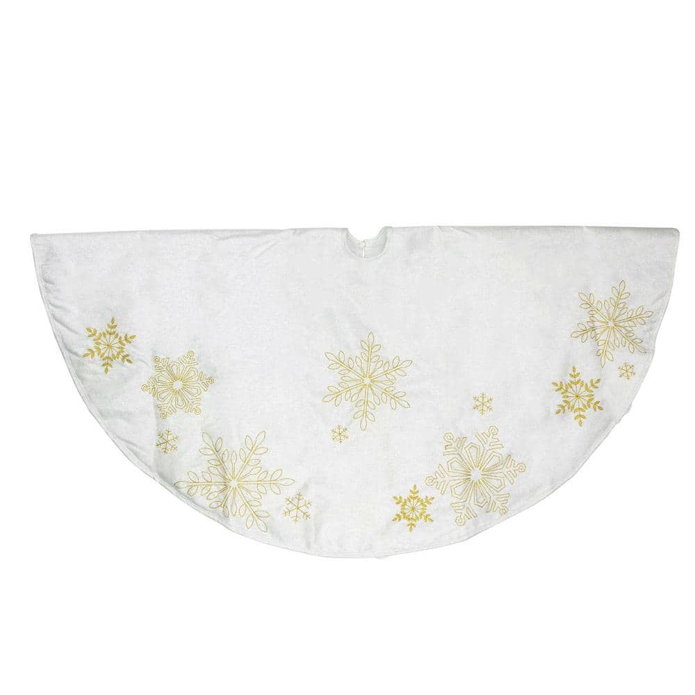 48 in. Gold and White Snowflake Embroidered Christmas Tree Skirt - Hercitys