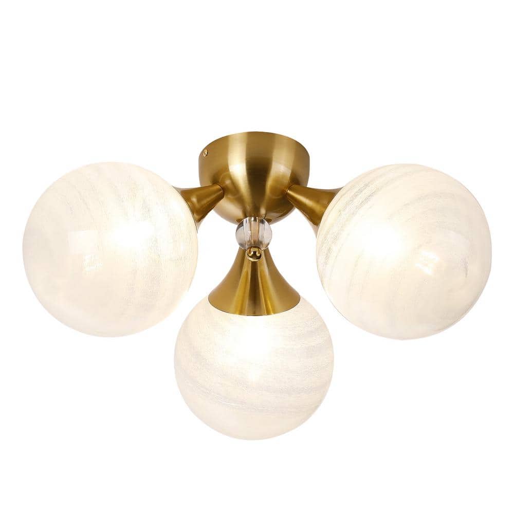 18 in. 3-Light Brass Triple Semi-Flush Mount with White Bubble Glass Shade and No Bulbs Included - Hercitys