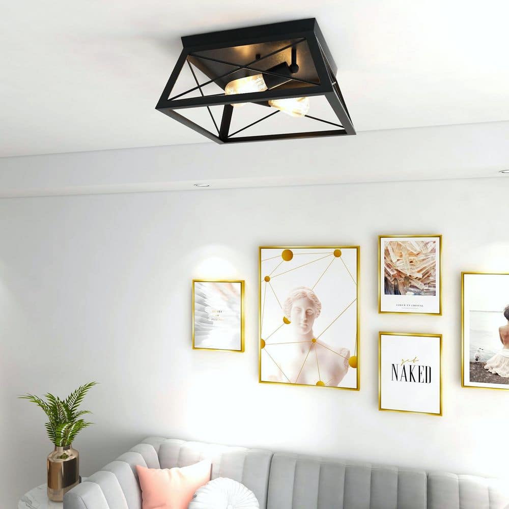 2-Light Matte Black Farmhouse Caged Square Ceiling Light Flush Mount for Hallway Bedroom Kitchen - Hercitys