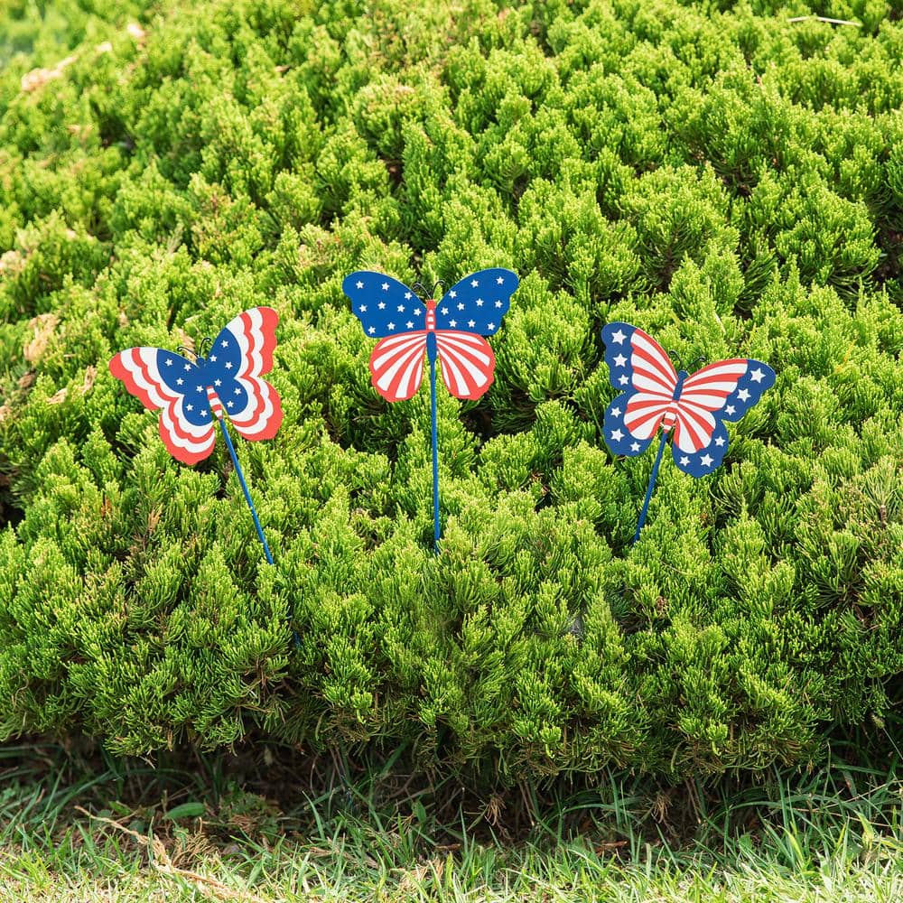 24 in. H Set of 3 Patriotic/Americana Metal Butterflies Yard Stake (KD) - Hercitys