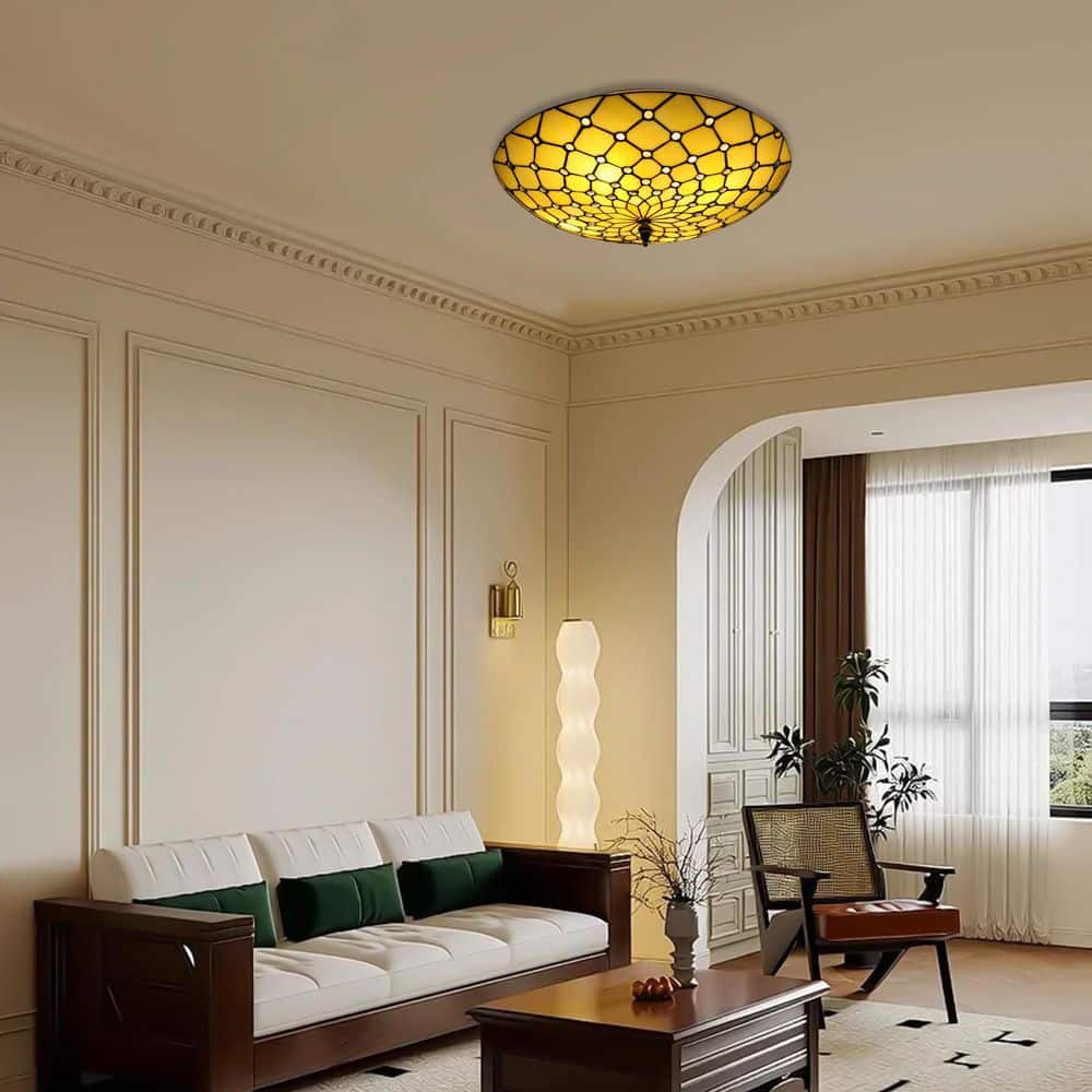 19.68 in. 4-Light Light Yellow Tiffany Flush Mount Ceiling Light with Stained Glass Shade for Bedroom, No Bulbs Included - Hercitys