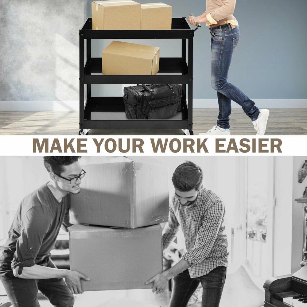 3-Tier Black Rolling Utility Kitchen Cart on Wheels with Steel Frame and Four Wheels - Hercitys