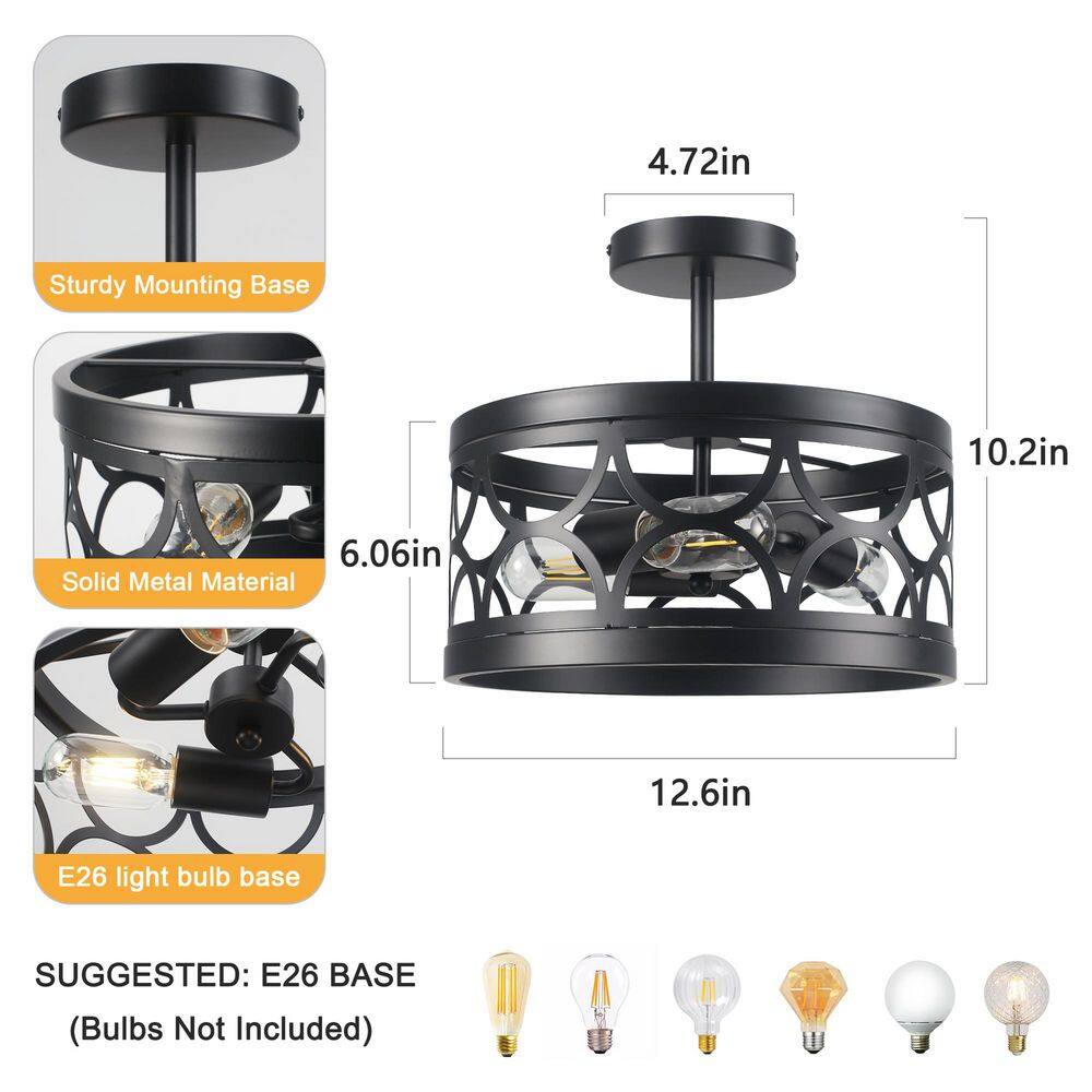 12.6 in. 3-Light Black Farmhouse Drum Semi-Flush Mount Light with Metal Shade - Hercitys
