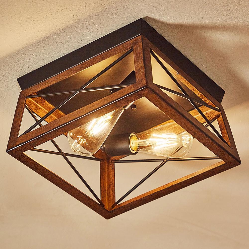 2-Light Farmhouse Barnwood and Matte Black Flush Mount Ceiling Light - Hercitys