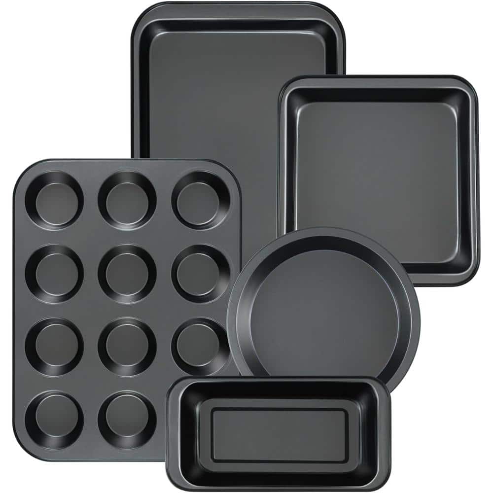 5-Piece Black Bakeware Set with Round/Square Cake Pan, Muffin Pan, Loaf Pan, Roast Pan, for Kitchen Cookware Sets - Hercitys