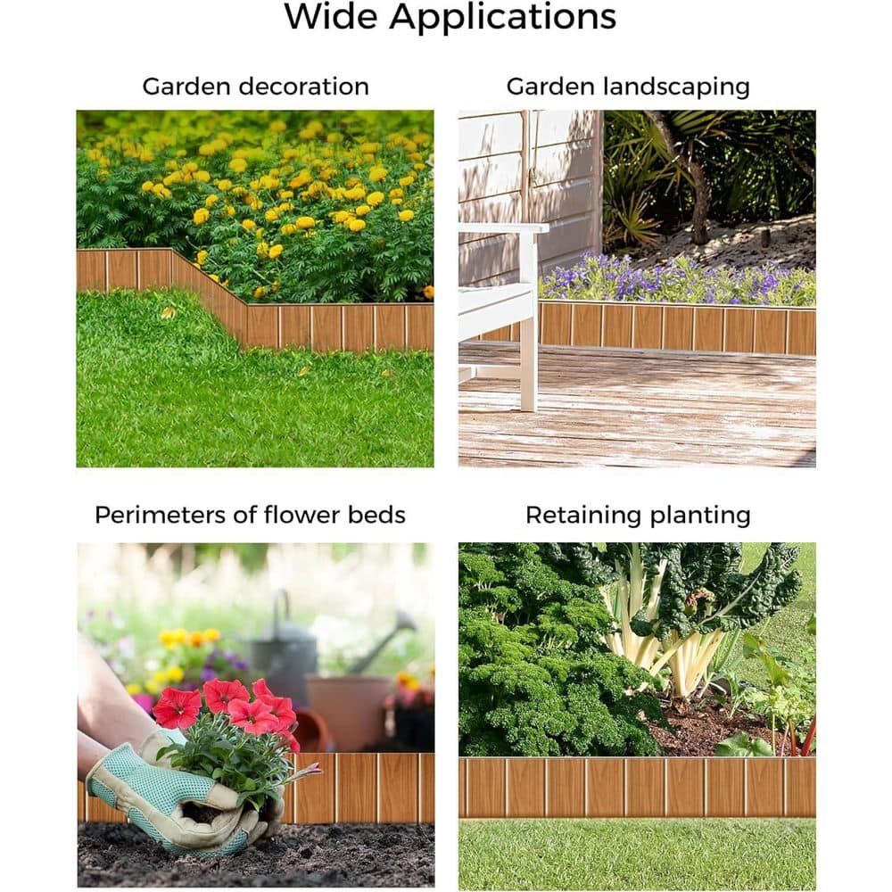 20 ft. x 5.5 in. Brown Wooden Texture Metal Landscape Edging No-Dig with 7-Clips and Gloves, 6-Pack - Hercitys