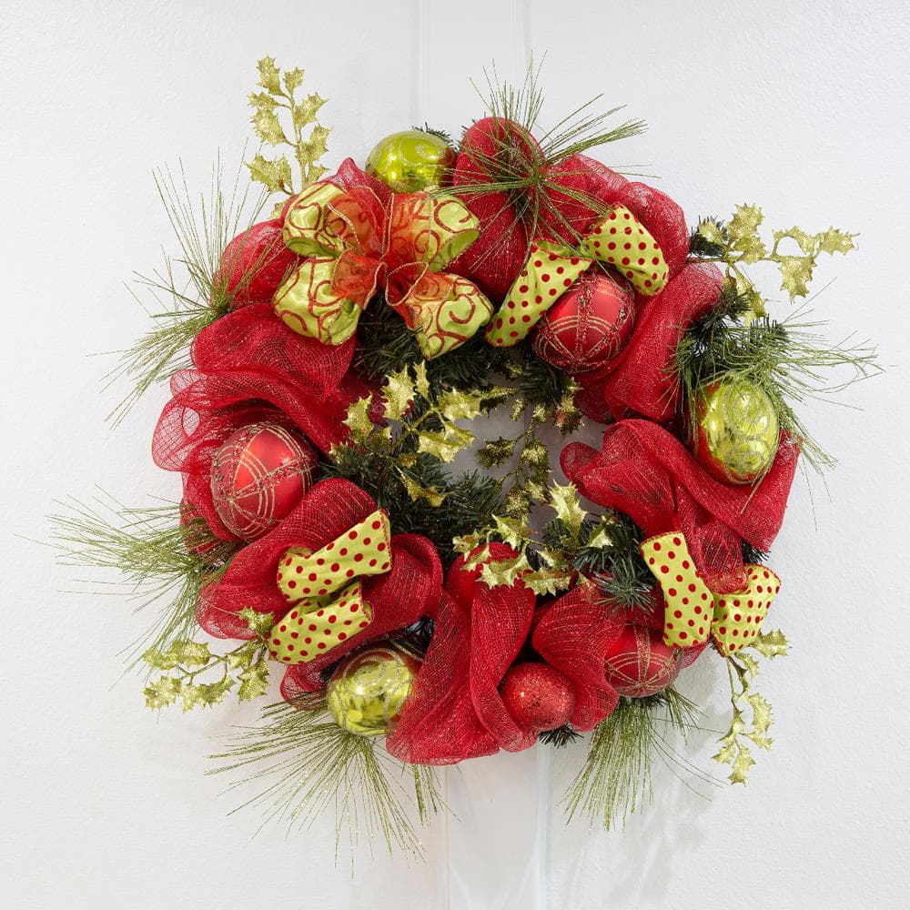 35 in. Christmas Hanging Garland Wreath Ornaments Leaf Bow Ribbon Door Gold/Red - Hercitys