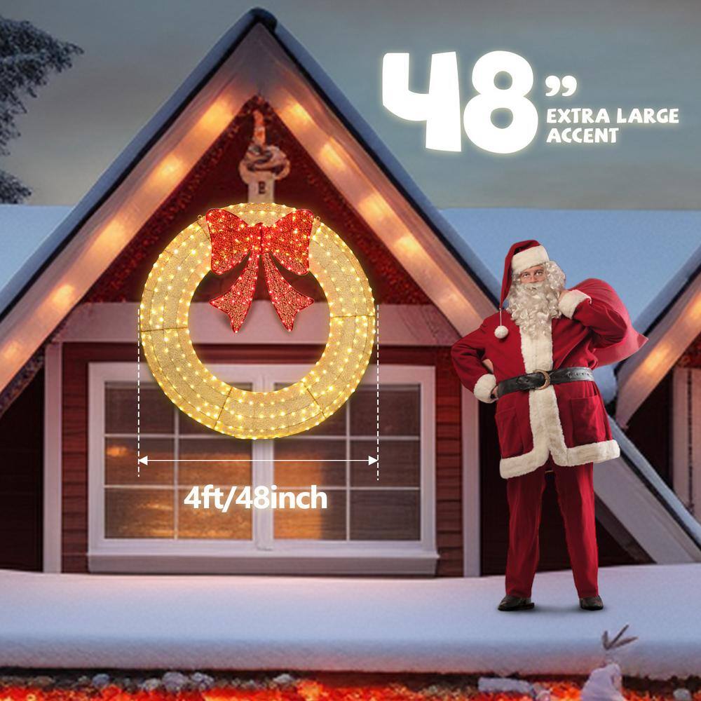 4 ft. Gold Pre-lit LED Outdoor Large Wreath Artificial Christmas Garland with Red Bows - Hercitys