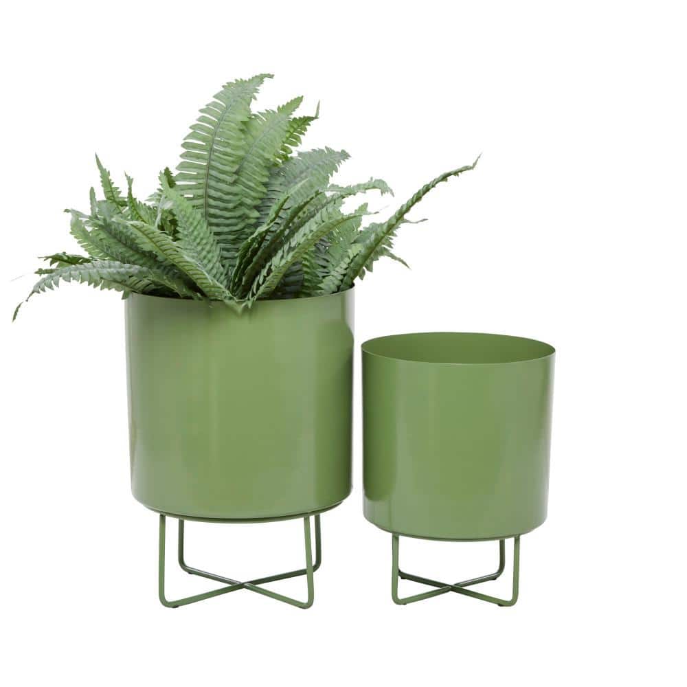 16 in., and 13 in. Medium Green Metal Planter (2- Pack) - Hercitys