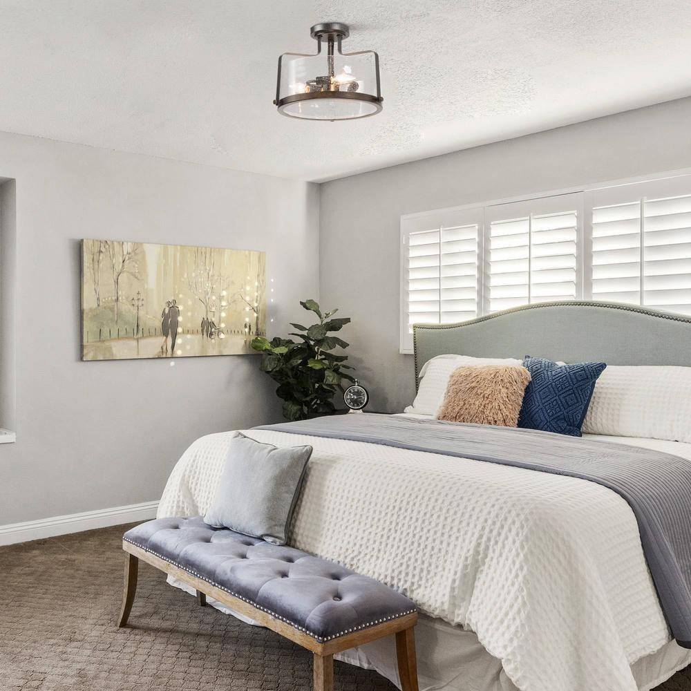 14 in. 3-Light Black Semi-Flush Mount Ceiling Light with Seeded Glass Shade - Hercitys