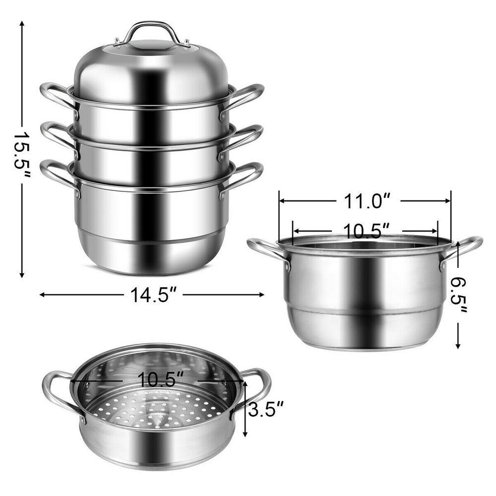 3-Tier 11.6 qt. Stainless Steel Steamer Insert Saucepot  Stock Pot with Lid, Safe Loop Handles - Hercitys