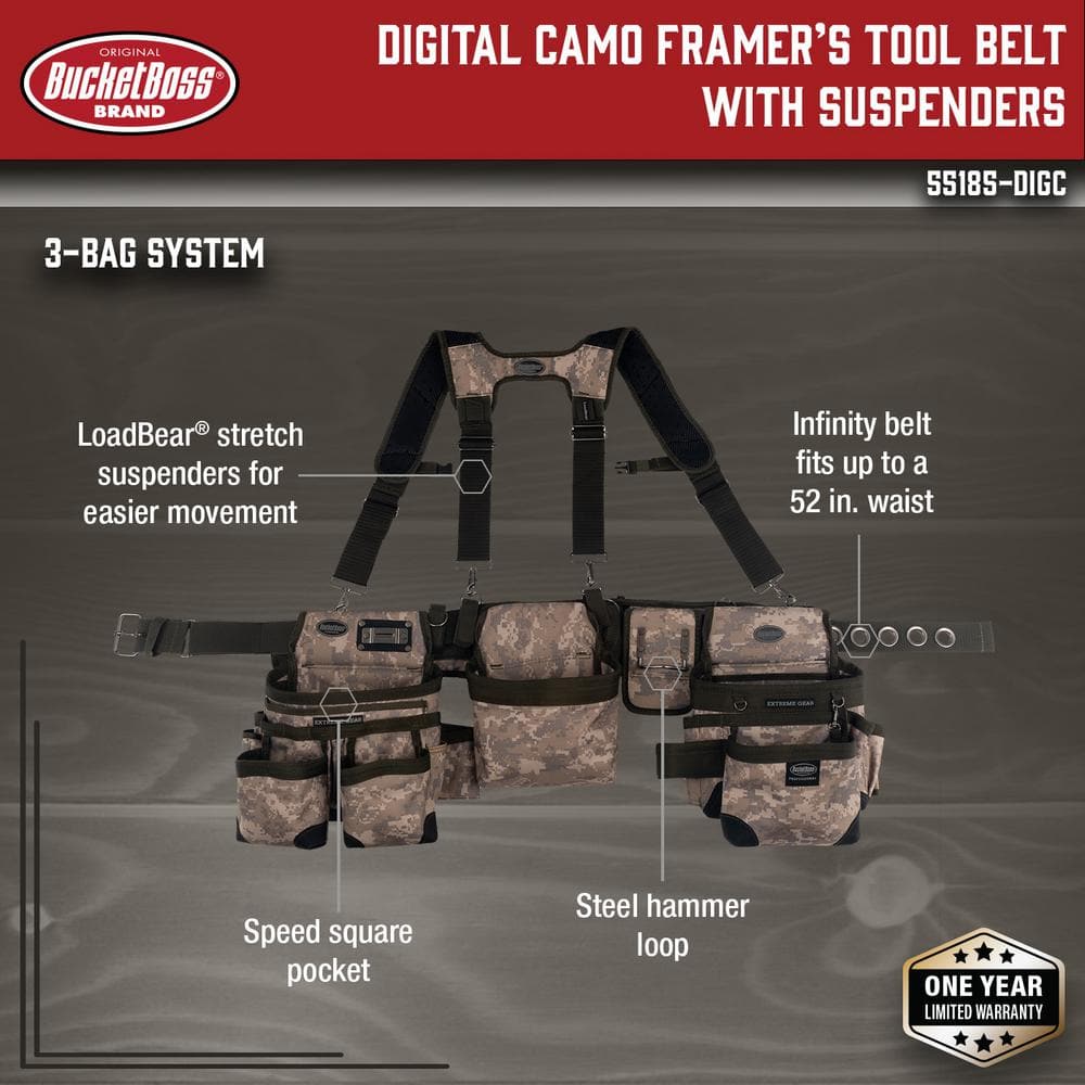 3-Bag Framer’s Suspension Rig Work Tool Belt with Suspenders in Digital Camo - Hercitys