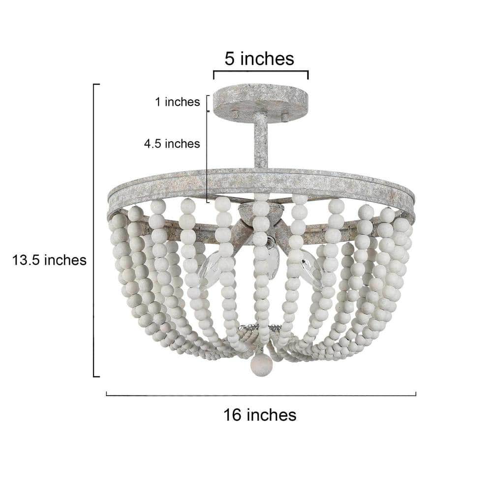 16 in. Modern Farmhouse Antique White Wood Beaded Semi-Flush Mount, 3-Light Bohemian Round Basket Ceiling Lighting - Hercitys