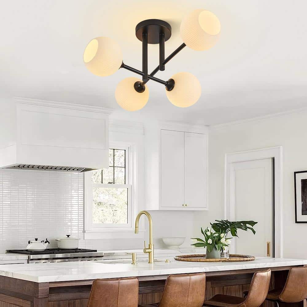 23 in. 4-Light Black Semi-Flush Mount with Frosted Opal White Ribbed Glass Shade - Hercitys