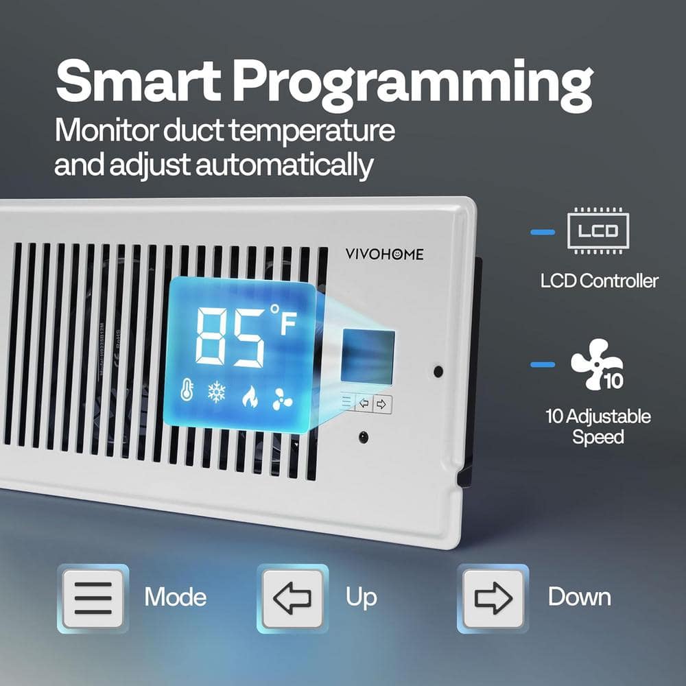 4 in. x 10 in. 120 CFM Wall Mounted Quiet Smart Register Booster Fan with Thermostat Control in White - Hercitys