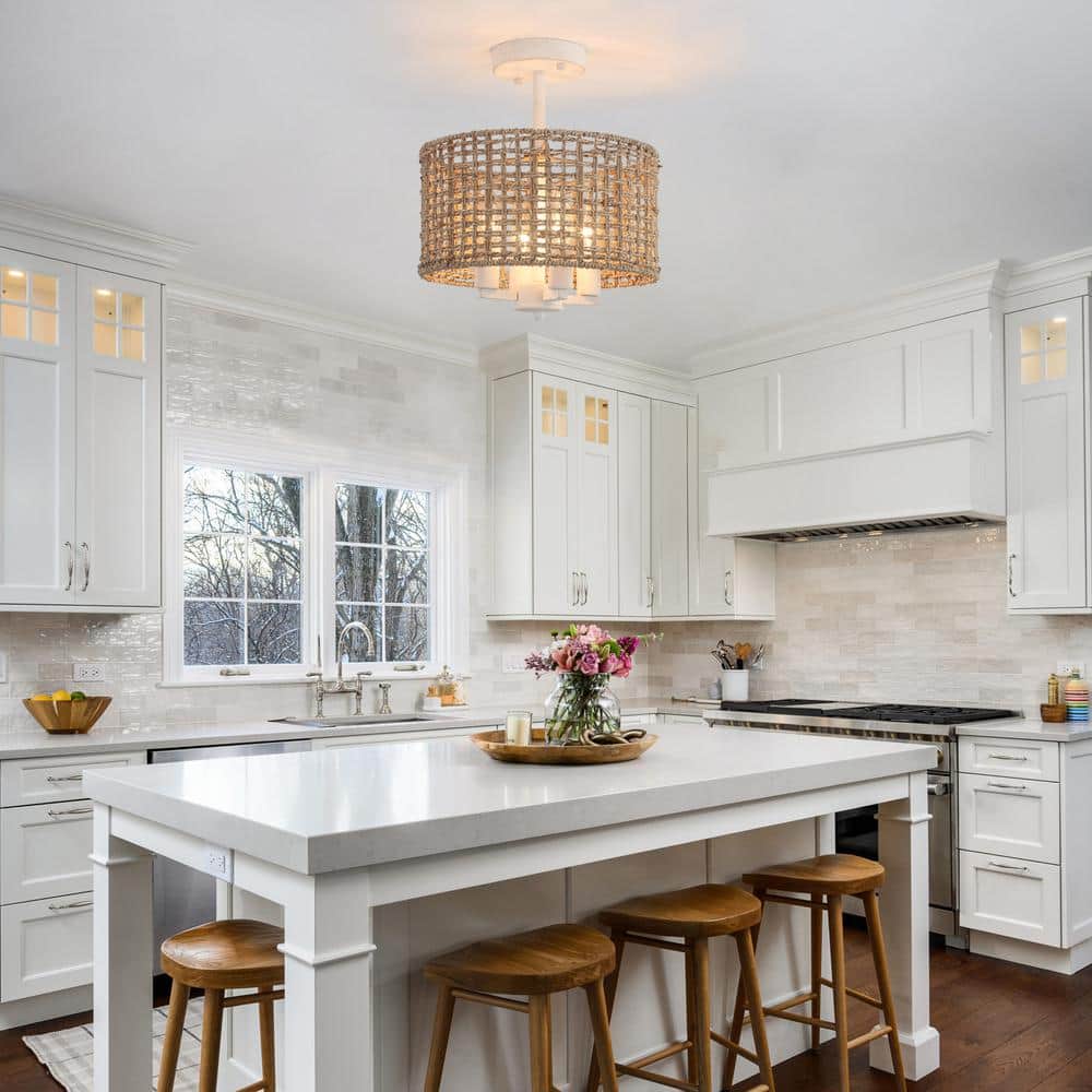 11.8 in. 4-Light Distressed White Farmhouse Drum Semi-Flush Mount Ceiling Light Fixture with Hand Woven Shade - Hercitys