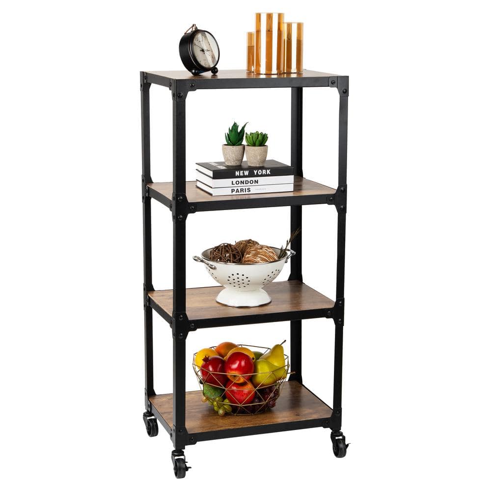 4-Tier Metal/Wood, 4-Wheeled Rolling Utility Cart Bar Cart in Black - Hercitys