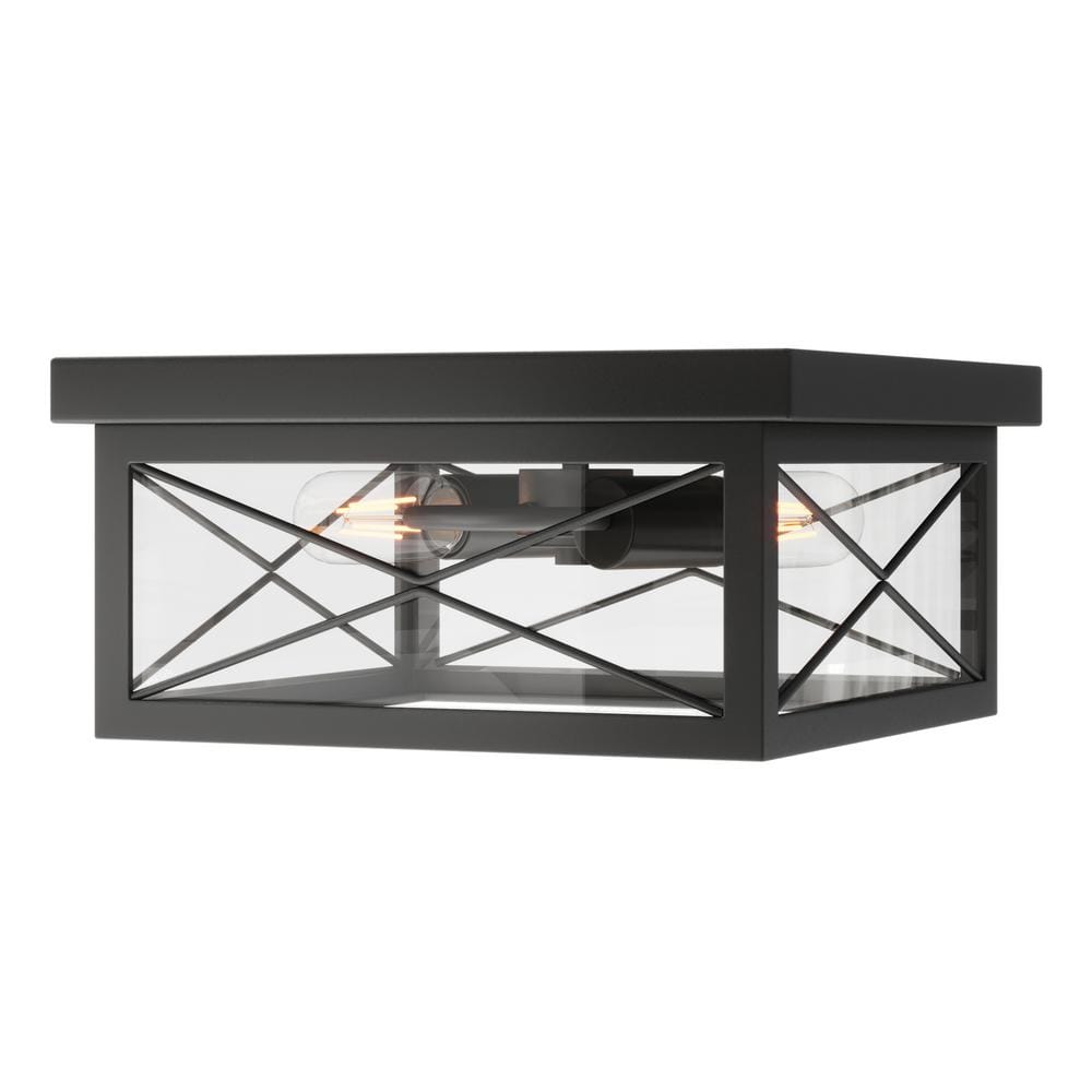 12.2 in. 2-Light Industrial Black Flush Mount Metal Farmhouse Close to Ceiling Light Fixture with Clear Glass Shade - Hercitys