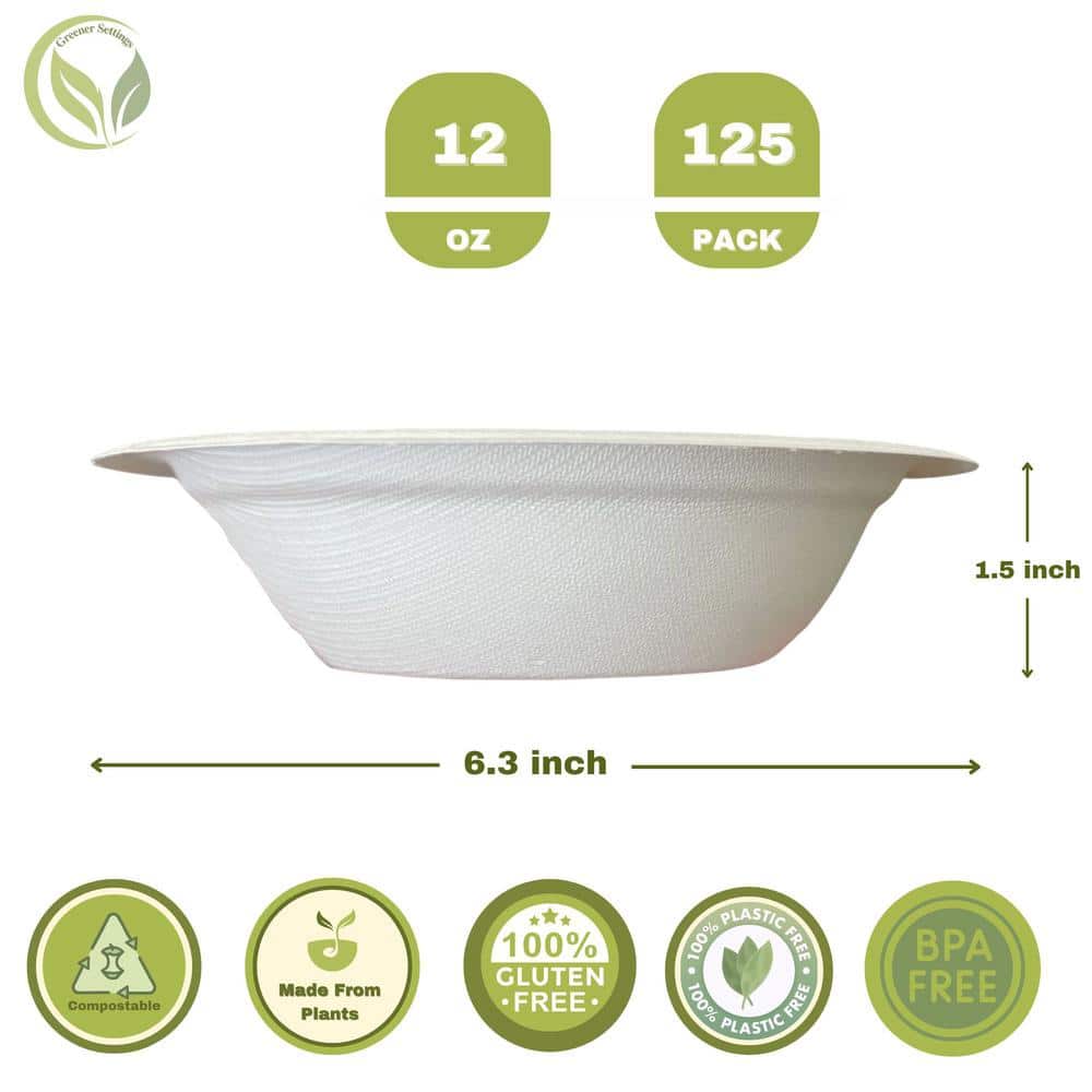 100% Compostable 12 oz. Unbleached Disposable Paper Bowls 125-Pack - Hercitys