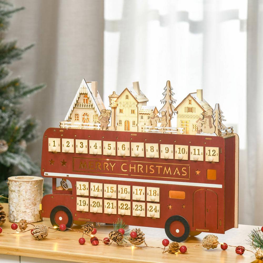 13.5 in. Christmas Village Bus Advent Calendar with Light Up Table and Countdown Drawer - Hercitys