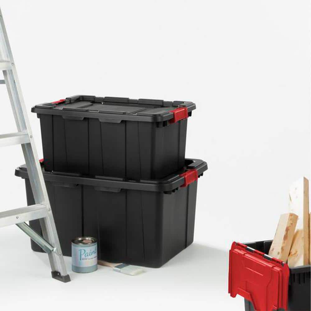 27-Gallon Durable Rugged Industrial Tote w/Red Latches in Black (4 Pack) - Hercitys