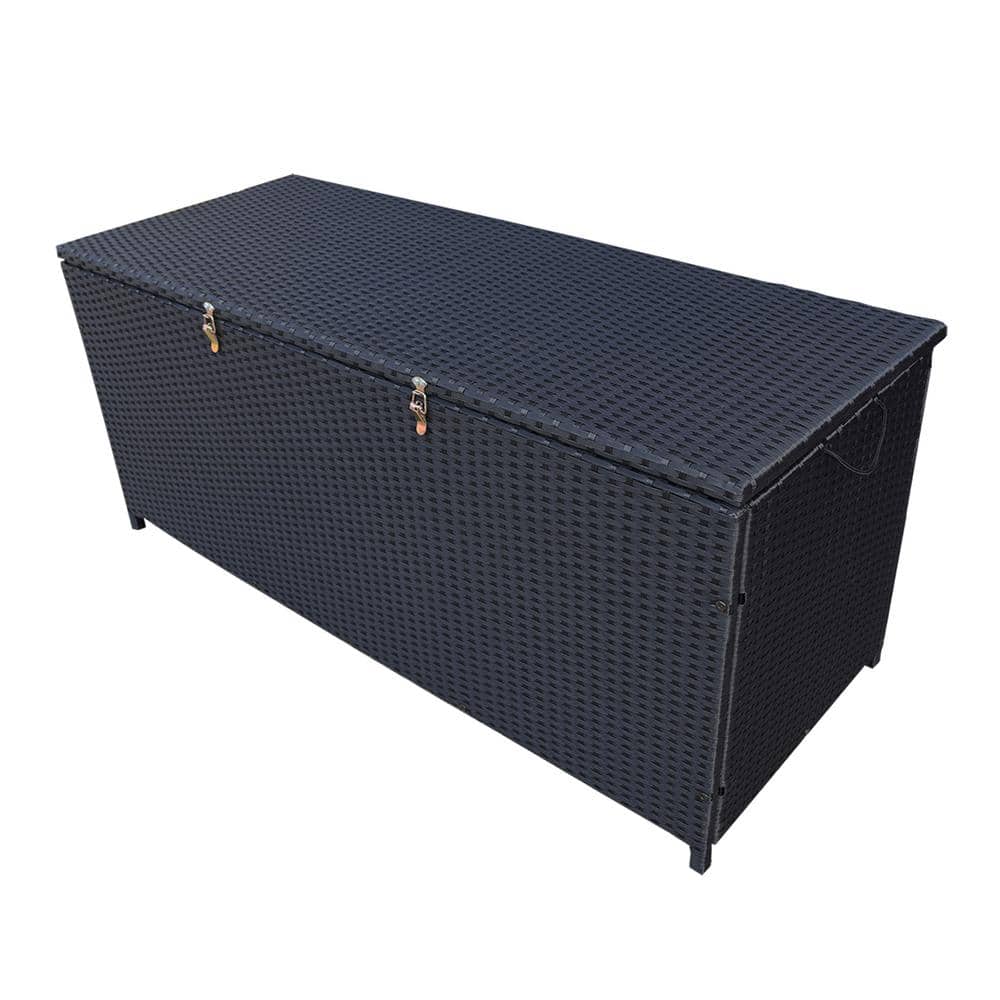 113 Gal. Black Indoor and Outdoor Balcony Patio Deck Porch Pool Wicker Storage Box Trunk Bin with Metal Frame - Hercitys
