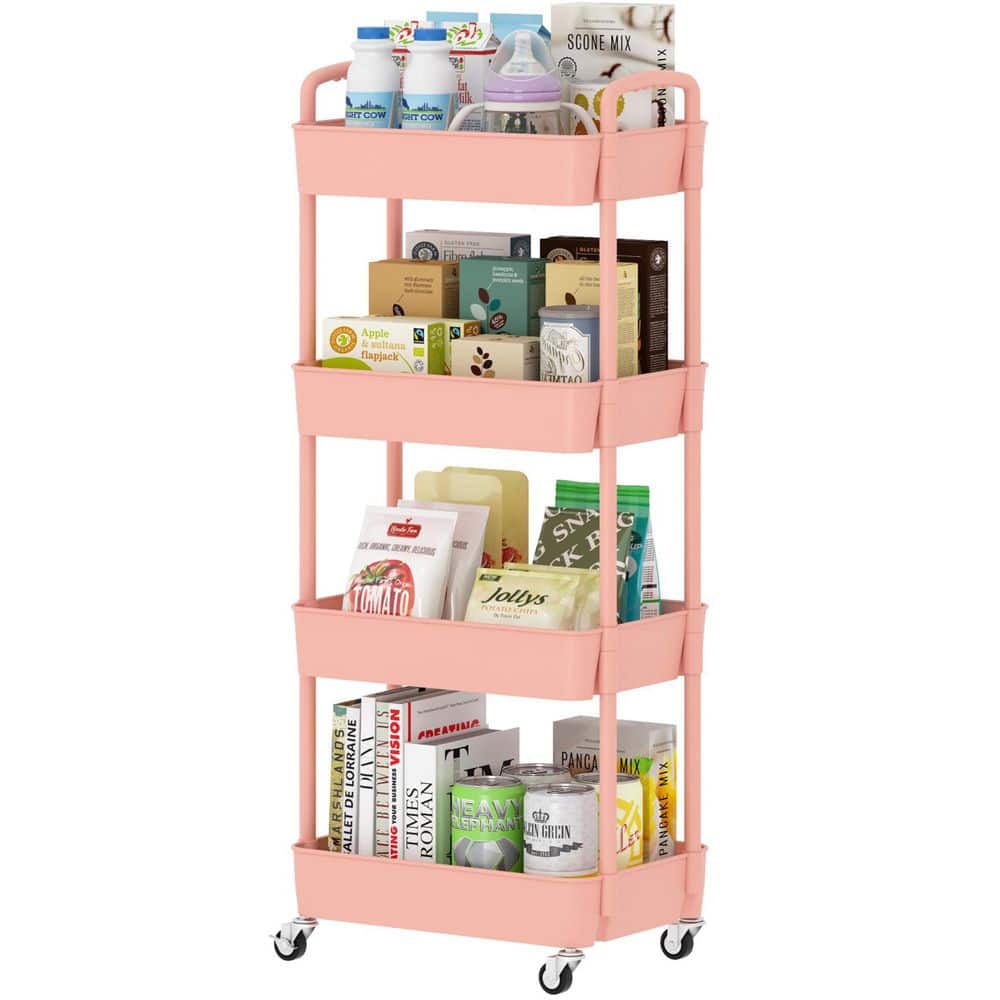 4-Tier Plastic -Wheeled Storage Utility Cart in Pink - Hercitys