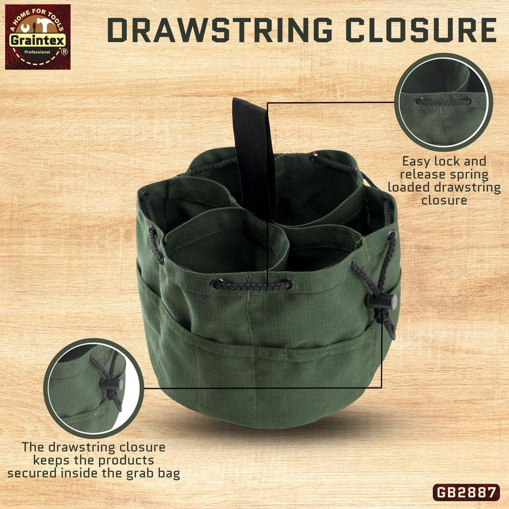 10 in. 18-Pockets Grab Tool Bag with Drawstring Closure in Hunter Green Canvas - Hercitys