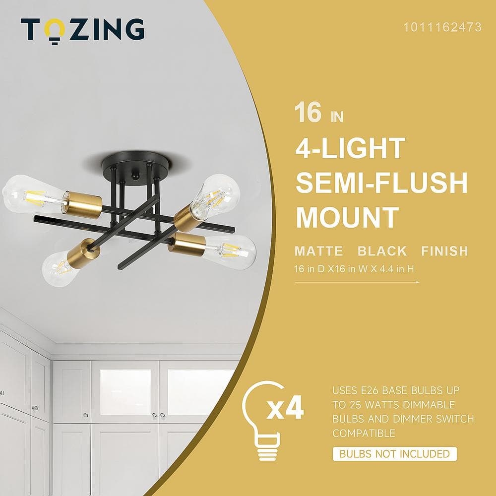 14 in. 4-Light Modern Sputnik Linear Black Metal Industrial Farmhouse Semi- Flush Mount Ceiling Lights Chandelier Light - Hercitys