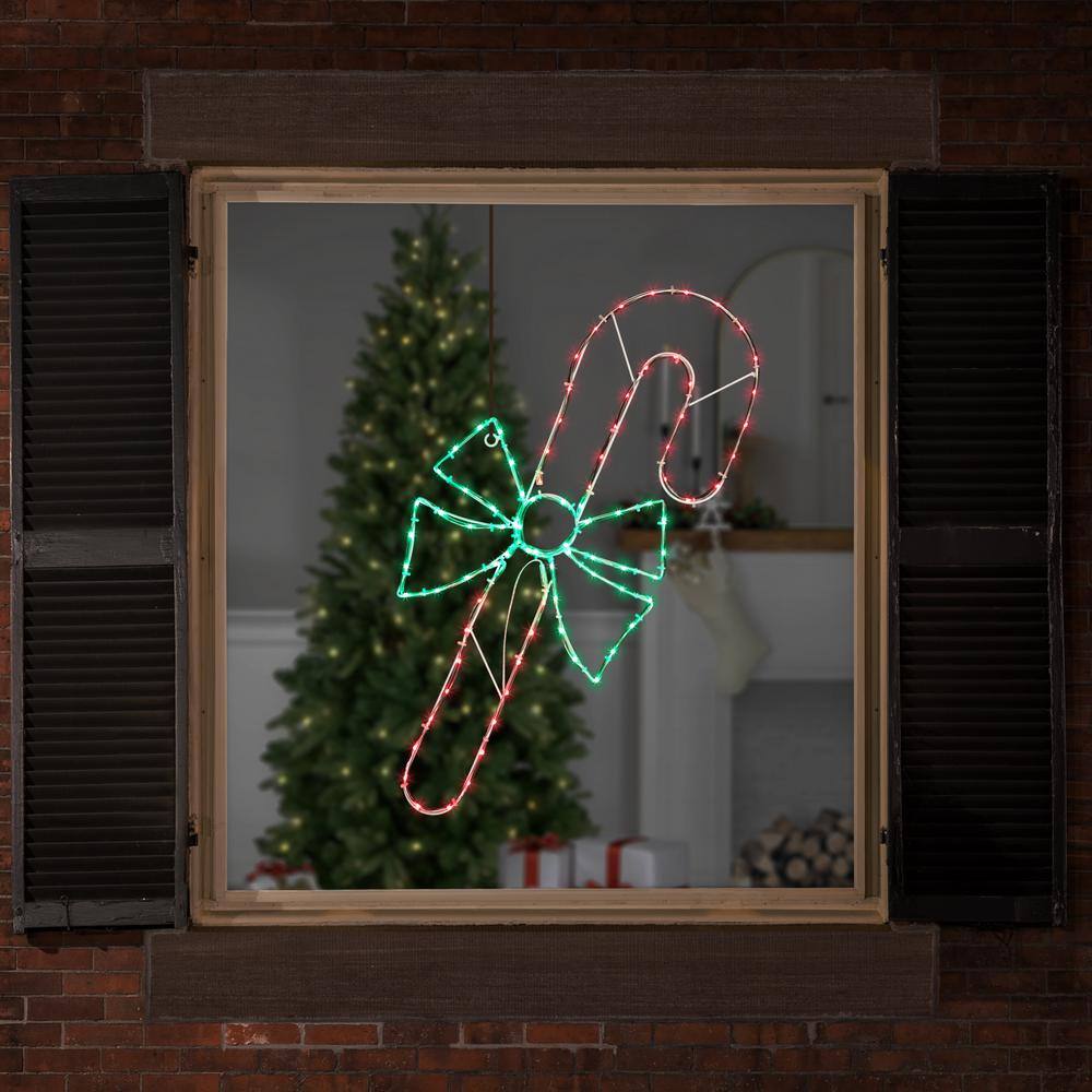 28 in. Green and White LED Lighted Candy Cane with Bow Christmas Window Silhouette - Hercitys